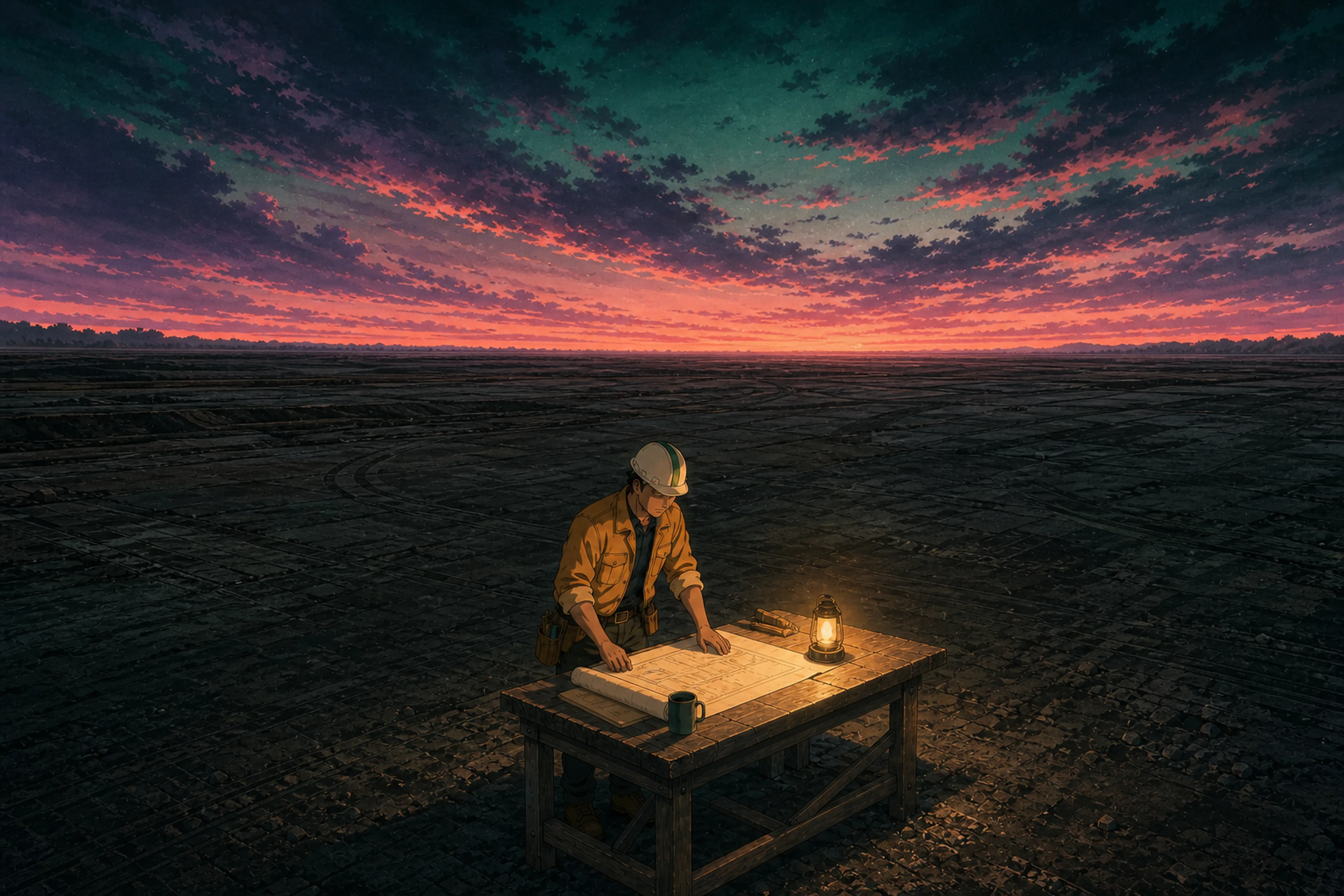 An empty lot at dawn. A single worker stands at a workbench. The bench is the only lit object.