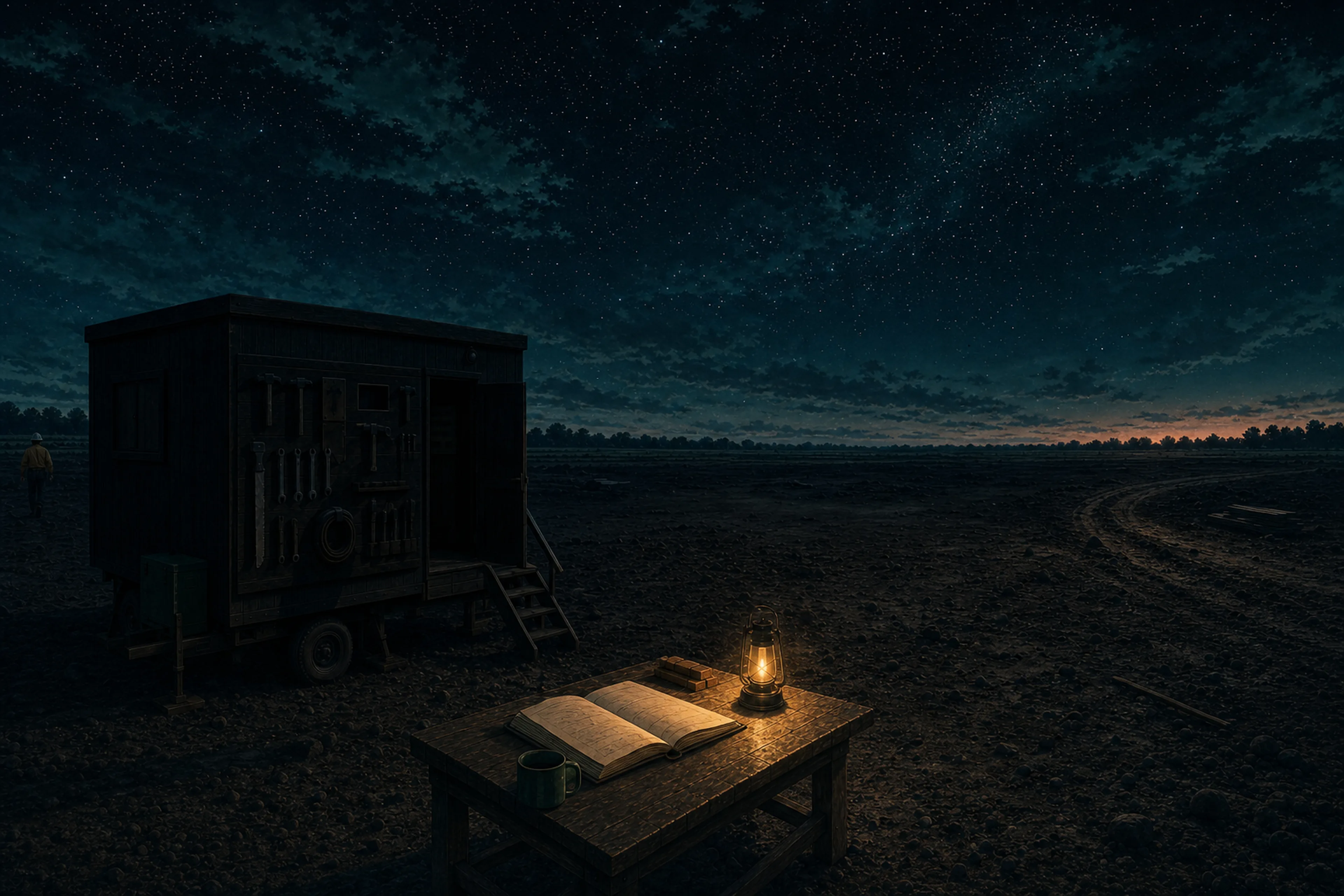 At night, an open logbook and lantern glow on the workbench while the foreman walks beyond the light; faint dawn warms the far horizon.