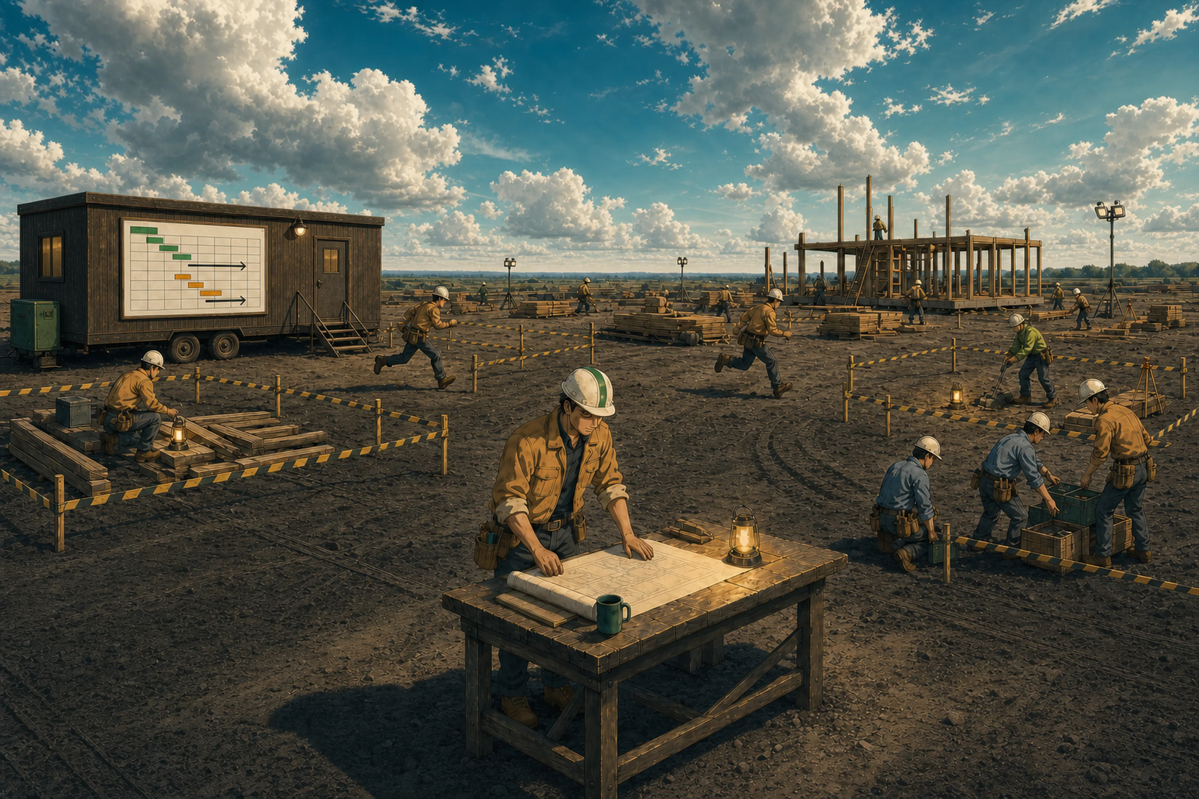 The wide shot. The lot is now sectioned into taped-off zones, a small crew in each. Runners jog between zones and the trailer. On the trailer wall: a big wall schedule with arrows.