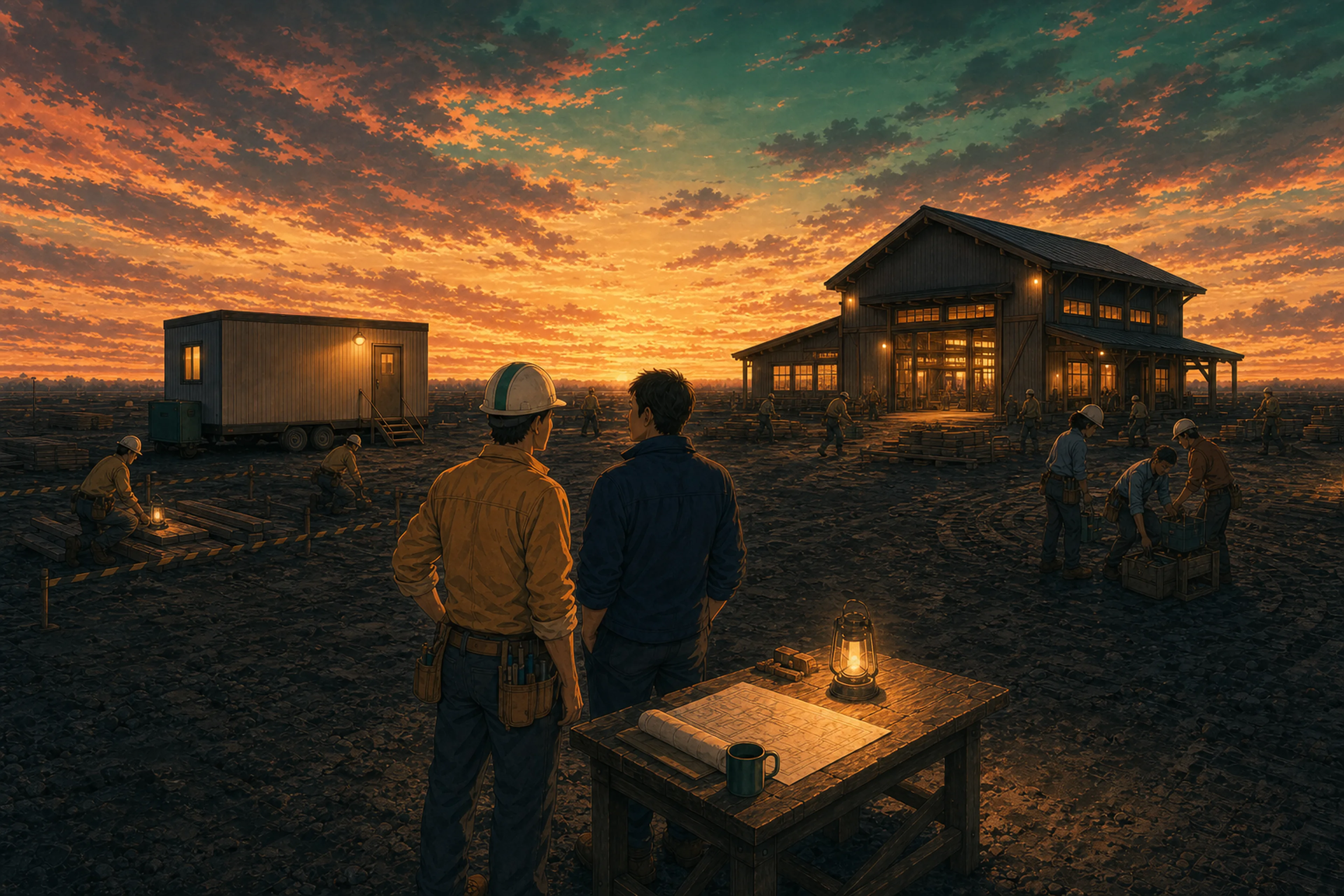 The site at golden hour, structure complete. The foreman and the owner stand looking at it together. The lit workbench from beat 1 still glows in the corner.