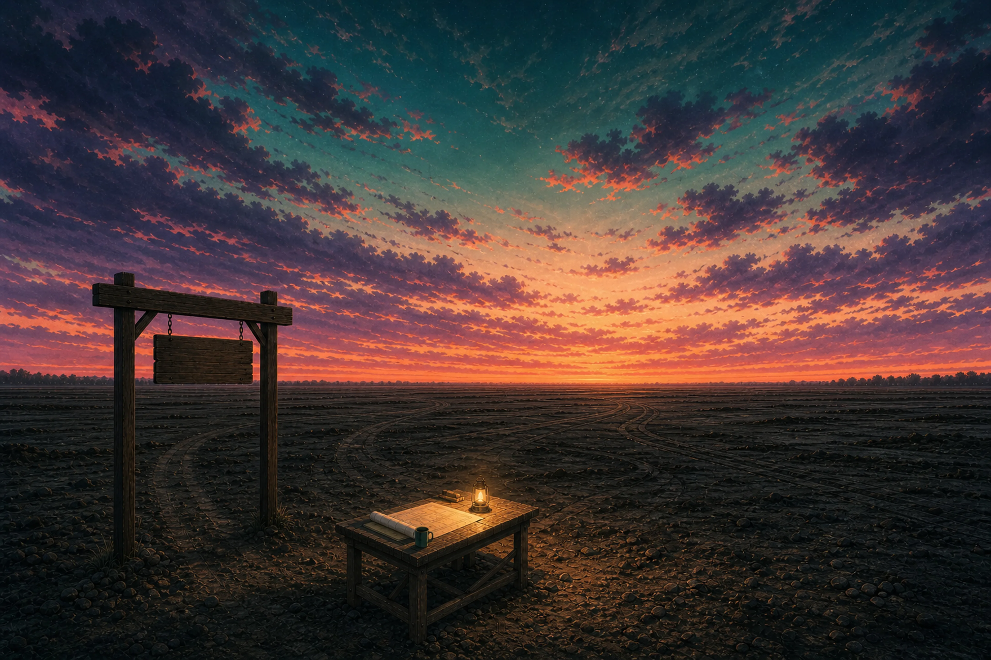 Back at the empty dawn lot, a blank sign hangs at the gate and the familiar workbench lantern glows beyond it.
