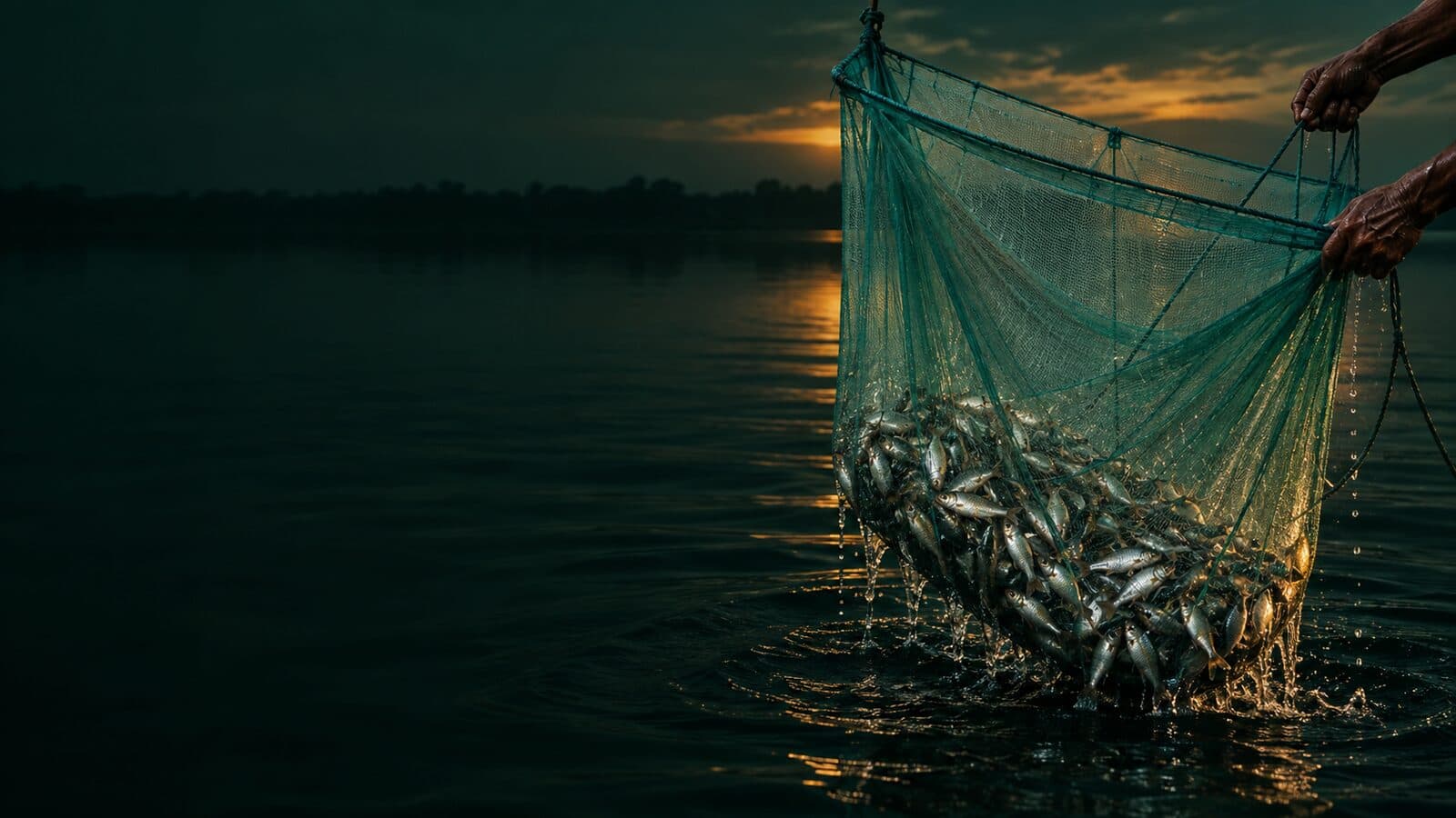 Hands lifting a mosquito net full of small fish out of dark water at dusk.