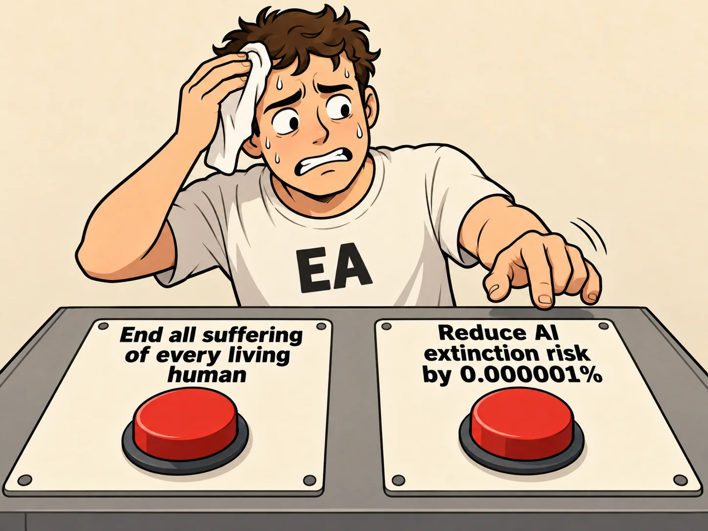 Cartoon: a sweating man in an EA shirt reaches for a button labeled 'Reduce AI extinction risk by 0.000001%' instead of one labeled 'End all suffering of every living human.'