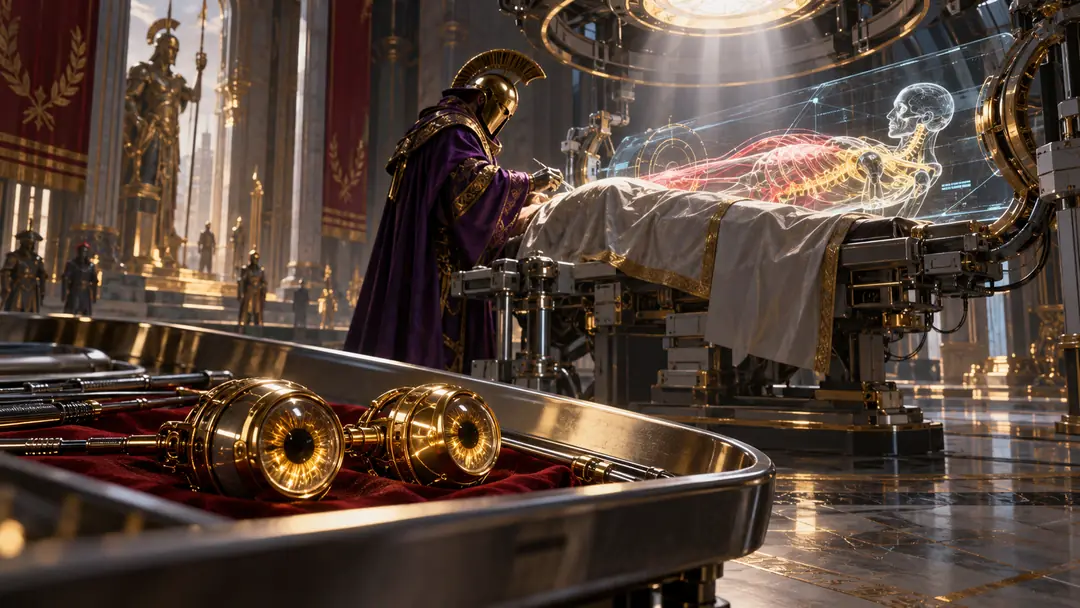 A surgeon in violet robes works over a draped patient beneath a holographic skeleton, a pair of gold eyes waiting on the instrument tray.