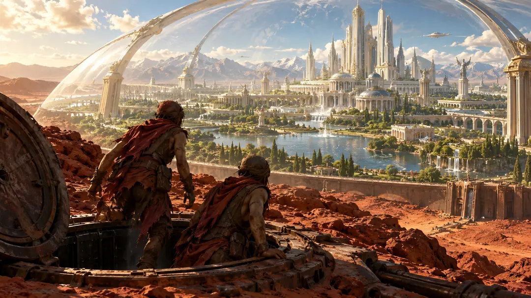 Two miners in rust-red rags climb out of a hatch on the Martian surface and see a lush city of white towers, lakes and parks under a vast glass dome.