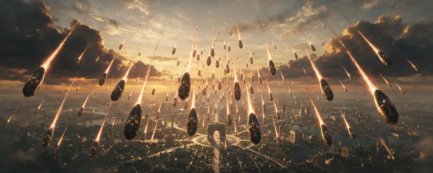 Thousands of armored drop-pods trailing fire fall through a dawn sky toward a Roman city with a triumphal arch at its center.