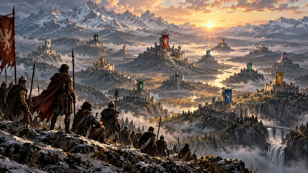 Young soldiers with spears and banners stand on a snowy ridge above a wide valley of castles, each flying the banner of its house.