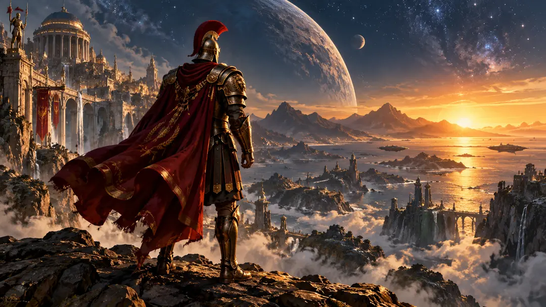 A lone warrior in gold armor and a crimson cloak stands on a cliff at sunrise, looking out over mountains and sea beneath a great planet.