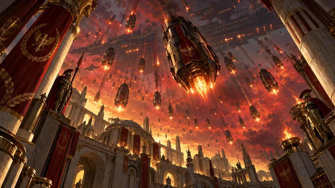 From a marble rooftop between Roman columns, fiery drop-pods fan across a crimson sky toward the city below.