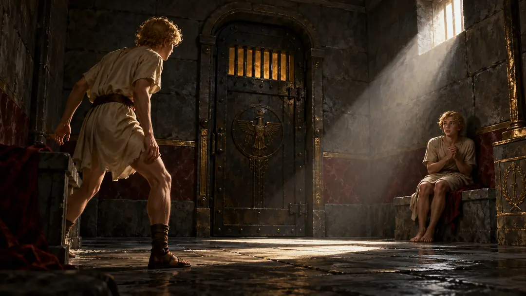 Two boys in a dark stone room lit by a single shaft of light: one stands tense, turned toward the barred door; the other sits on a stone bench with his hands clasped.