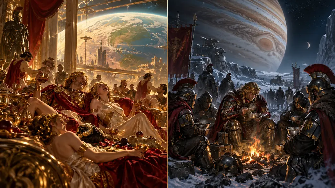 A split scene. Left, Gold aristocrats sprawl at a decadent feast in an orbital palace above a green planet. Right, armored Golds eat around a small fire on a frozen moon under Jupiter.