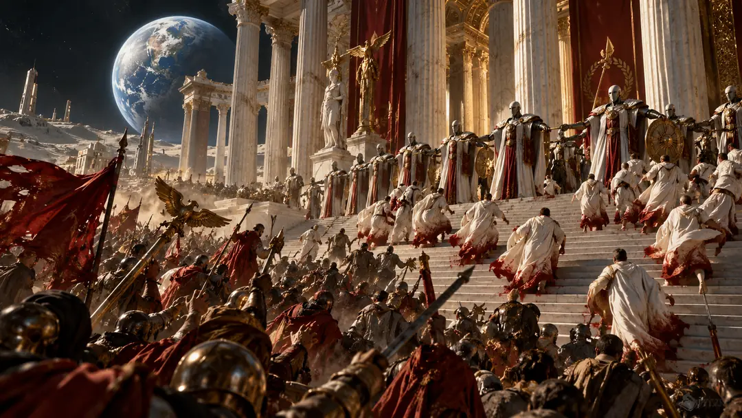 Senators in white togas flee down the steps of a marble forum as a crimson-cloaked mob with banners floods in, Earth hanging in the sky above.