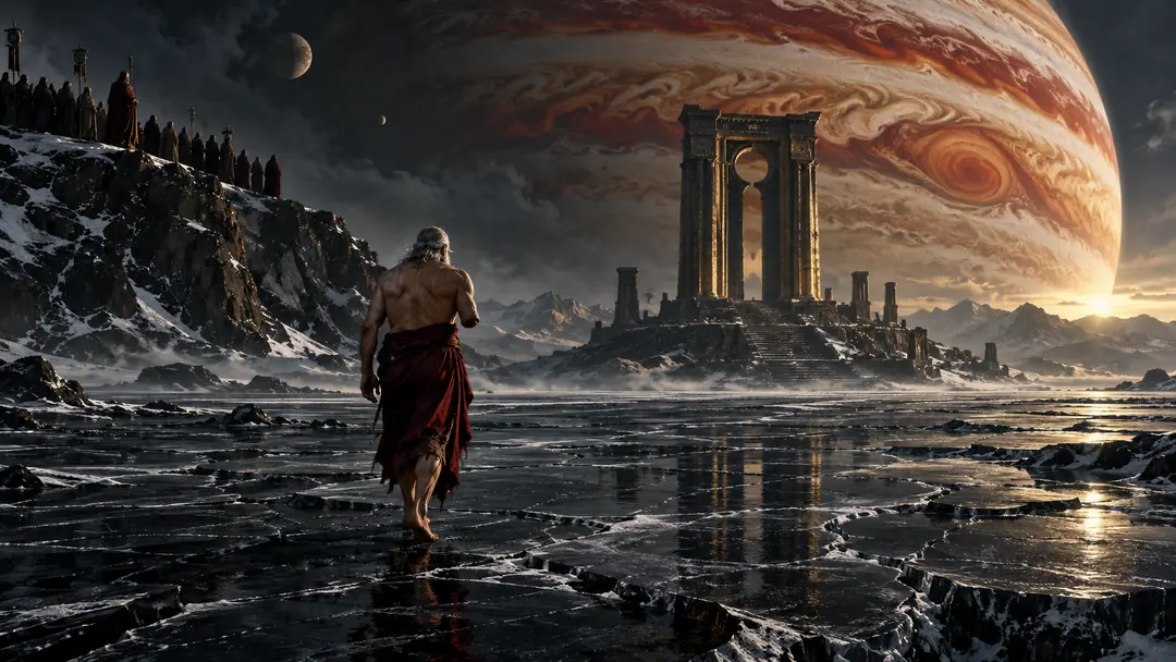 An old man, bare to the waist, walks alone across black volcanic ice toward an ancient stone monument while a crowd watches from a ridge and Jupiter fills the horizon.