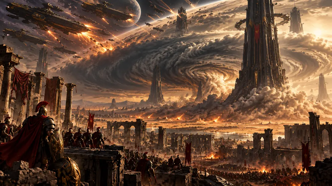 A colossal tower rises over a ruined city as a vast storm spirals across the plain and ships burn in the sky; armored soldiers watch from the ruins.