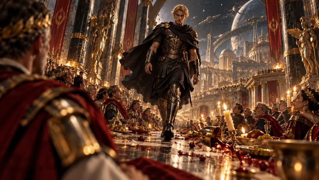 A young Gold in black armor strides down the length of a candlelit banquet table between seated nobles, straight toward the viewer.