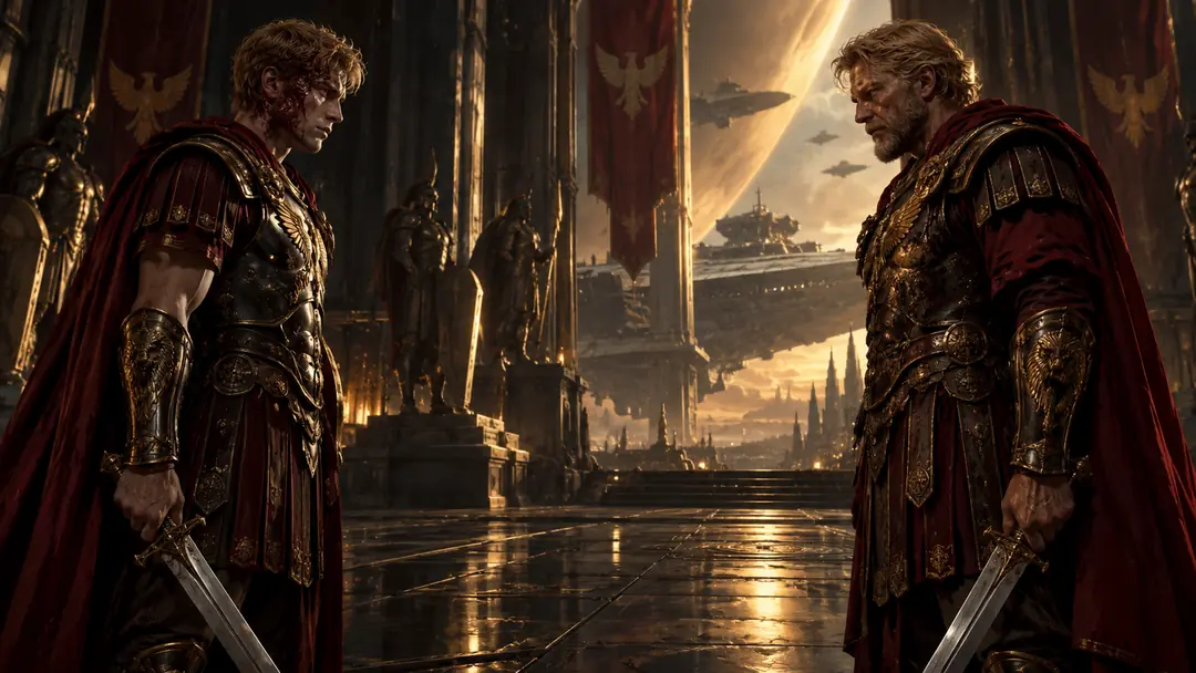 Two Gold warriors in crimson cloaks face each other with drawn blades in a hall of banners, one young and clean-shaven, the other older and bearded.