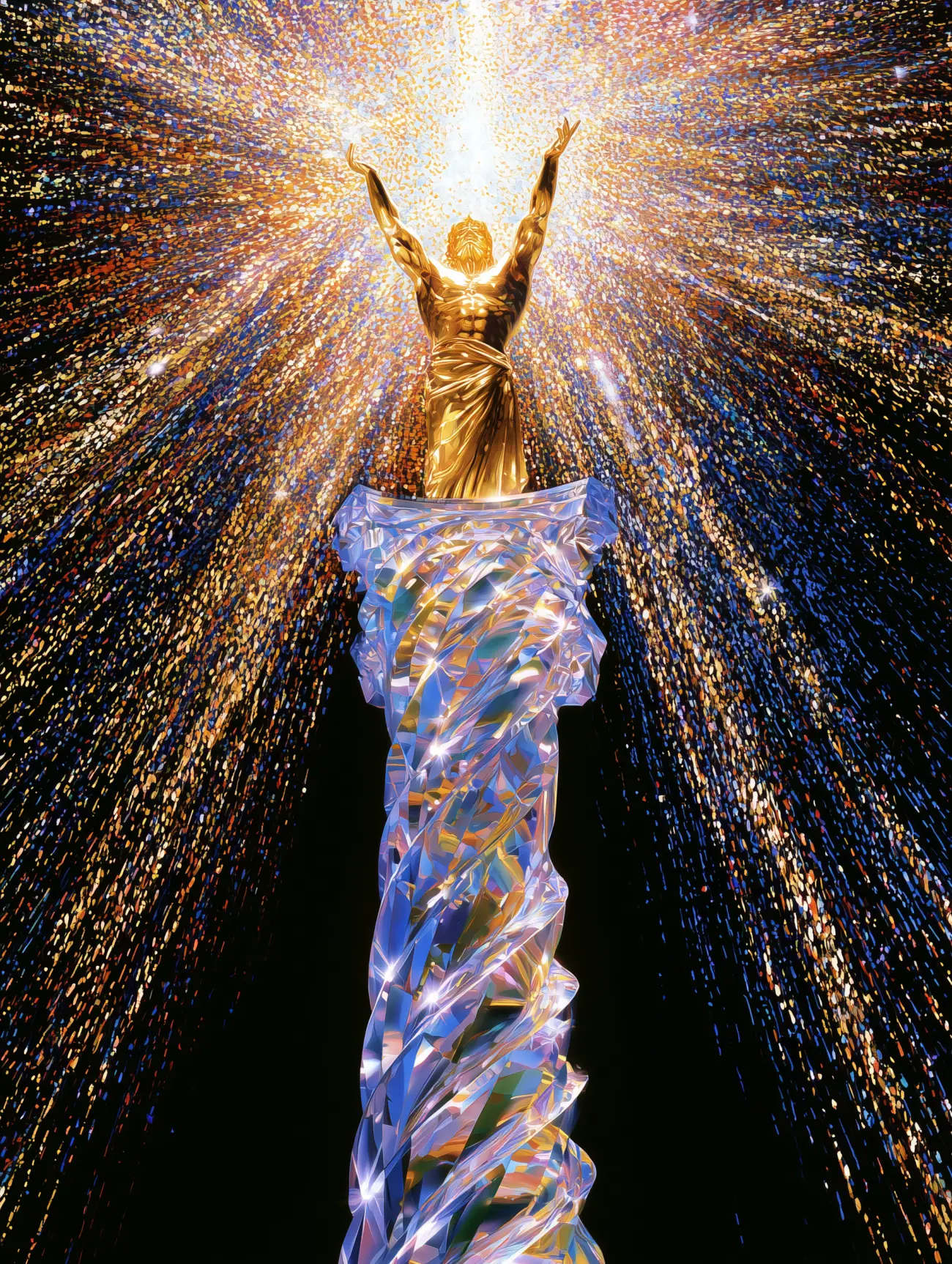 A small golden classical figure stands at the top of a colossal spiral-twisted crystal column, both arms raised overhead. Light passes up through the column and through his body and bursts open above him into a vast radiance of gold and cobalt sparks against black.