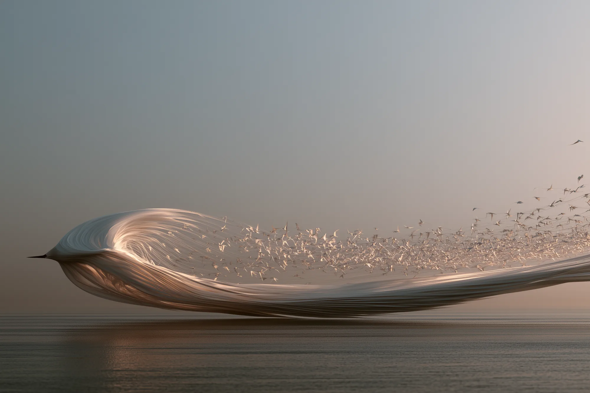 A long ribbon of creased white paper curls above a flat pale sea at dawn, its head folded over like a breaking wave. Along its trailing edge the paper separates into thousands of small folded paper birds thinning away into empty air.