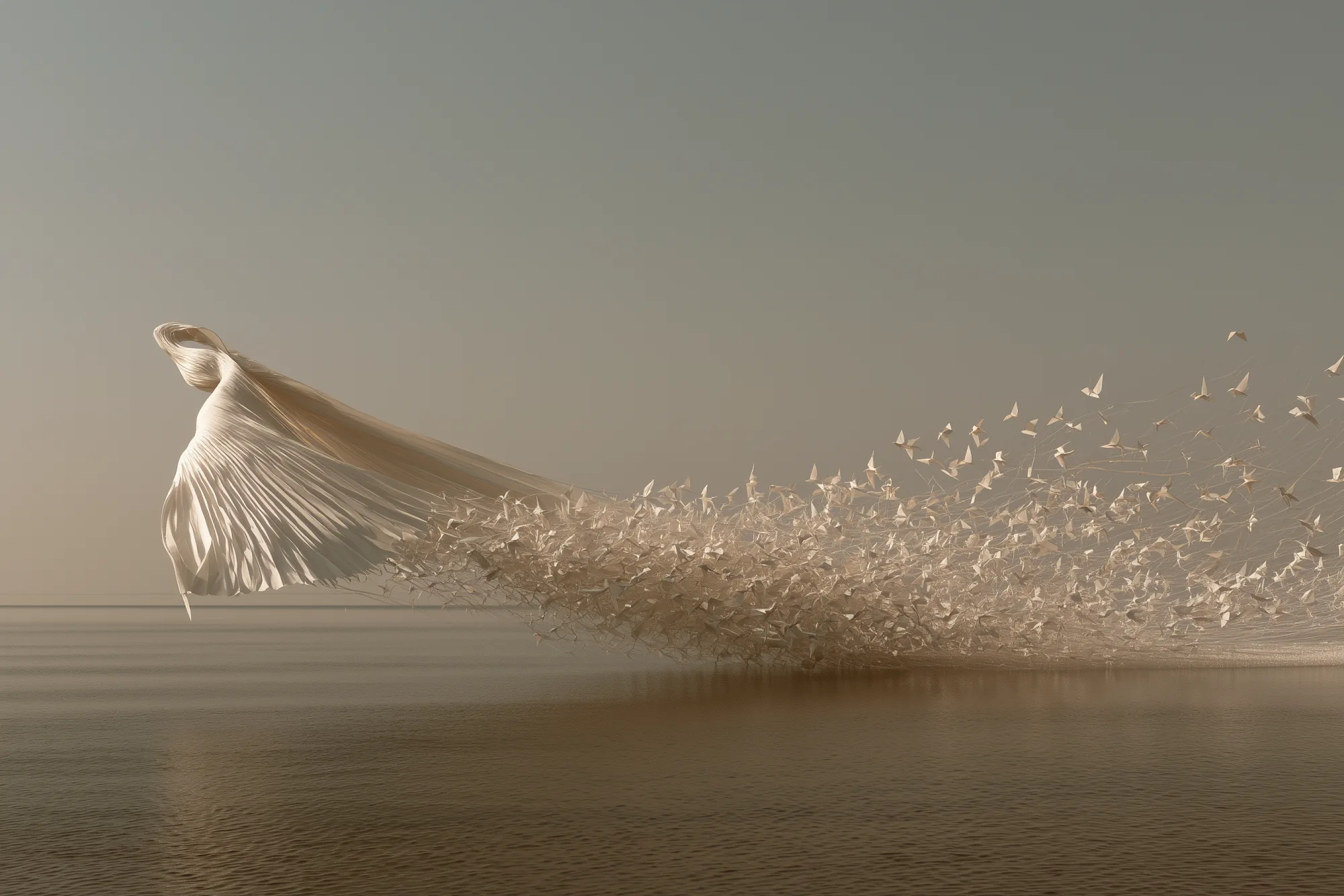 The same folded paper ribbon over a calm sea, its head reading as one enormous pleated wing, with a wider and thinner dispersal of individual paper birds trailing away behind it.